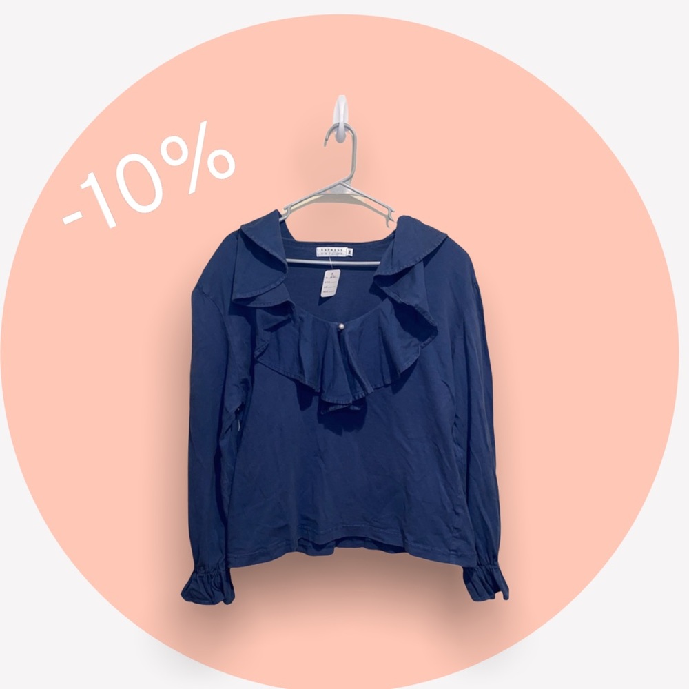 [Express] Blue Ruched Sleeve Shirt with Pearl ✨On Sale✨